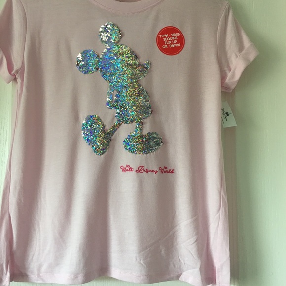 Disney Tee Shirt Mickey Mouse Pink Sequins Small - Picture 2 of 6